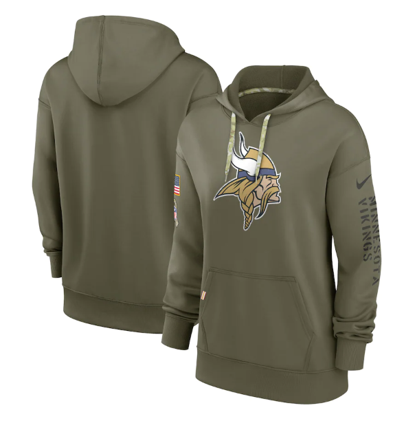 Women's Minnesota Vikings 2022 Olive Salute to Service Therma Performance Pullover Hoodie(Run Small)
